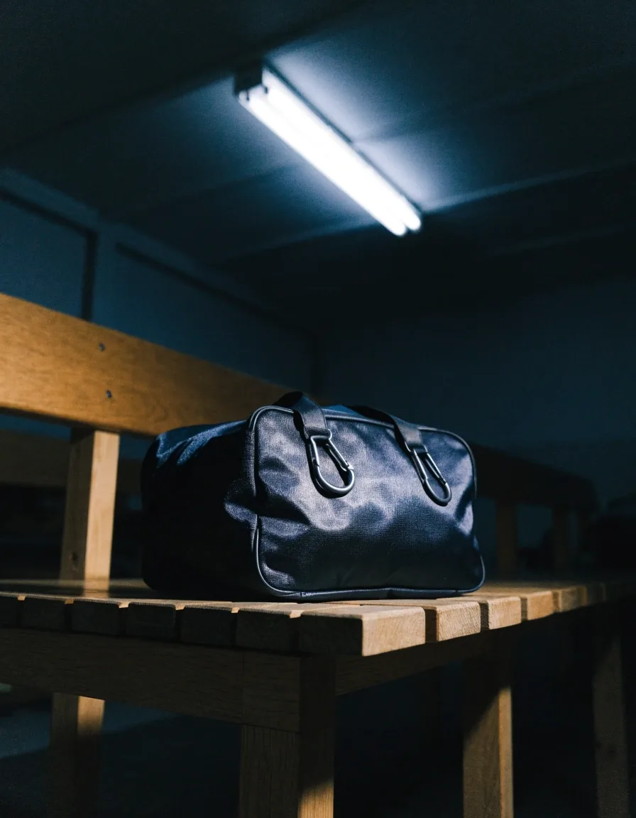 Sac de sport compact porté par ses poignées de transport dans un couloir sombre