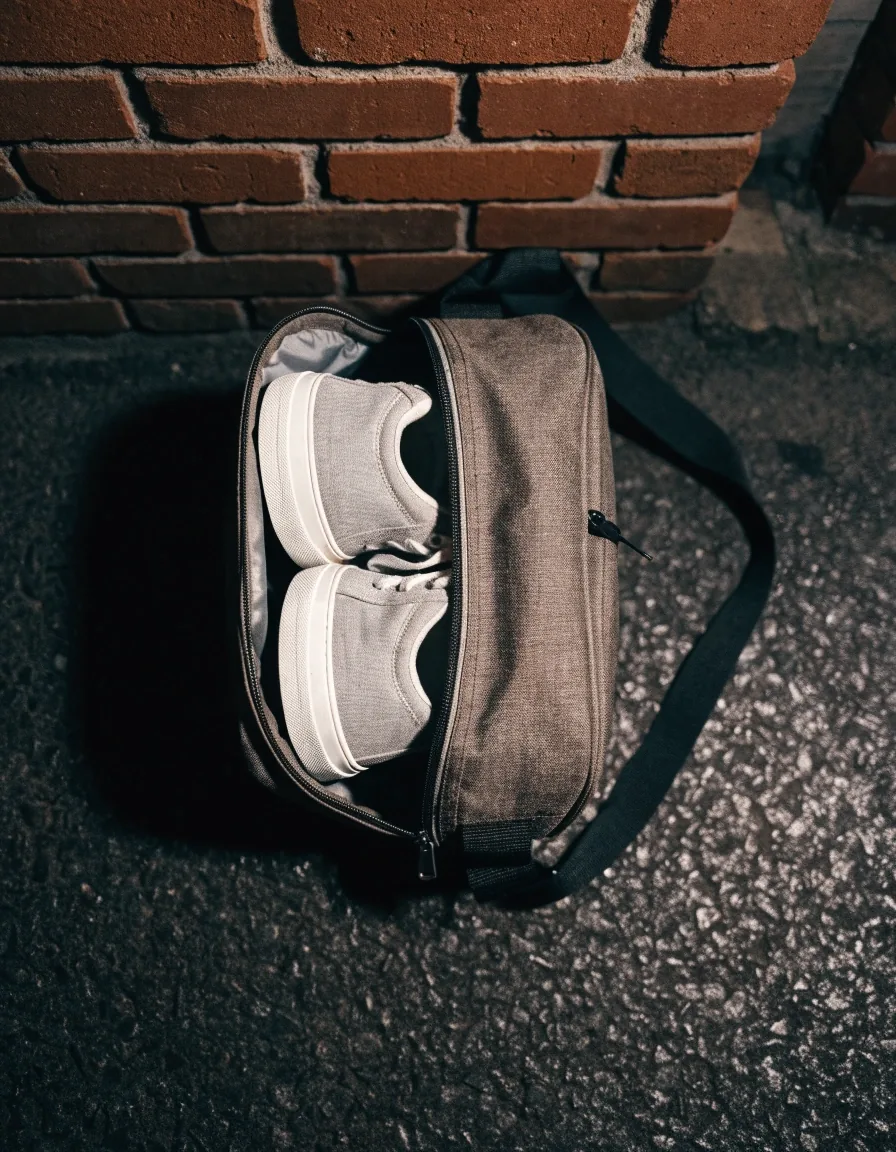 Sac de sport compact ouvert, compartiment chaussures visible sur une étagère