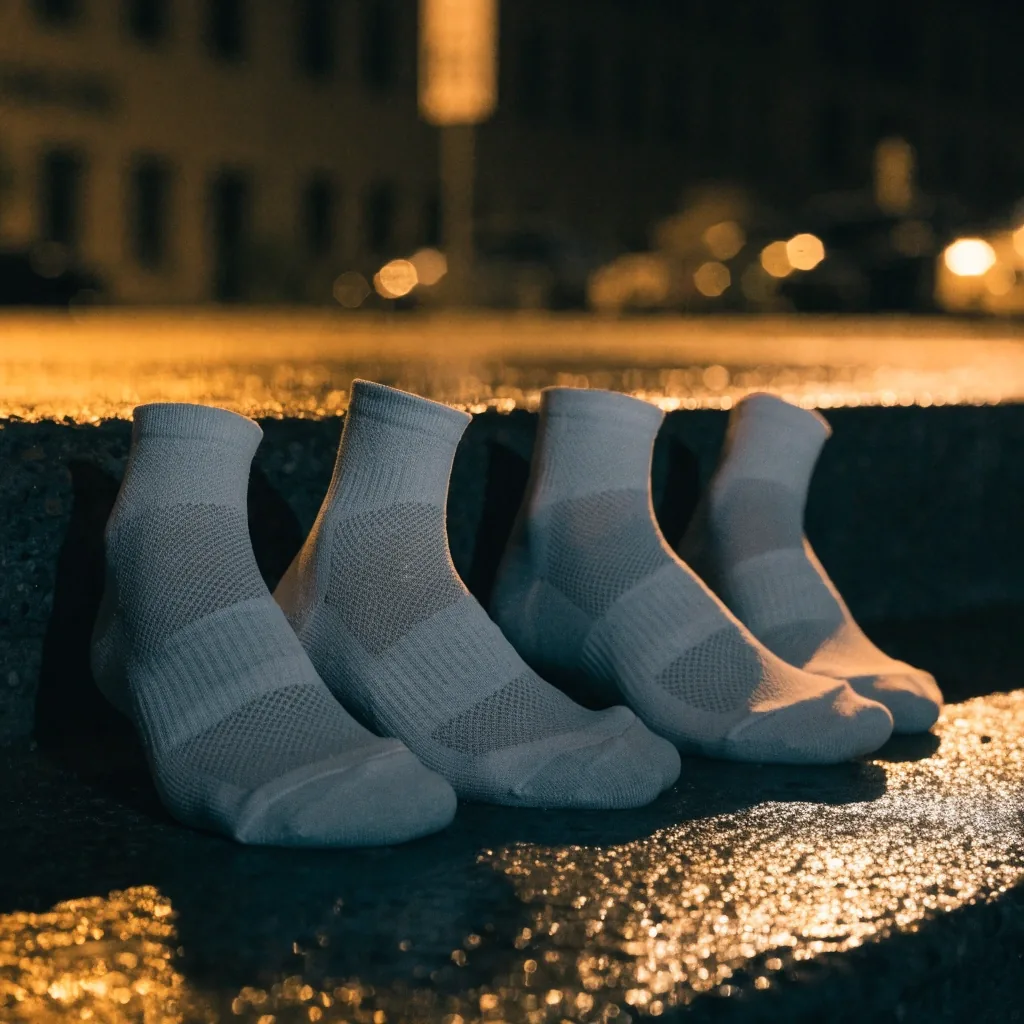 Trois paires de chaussettes techniques empilées sur une étagère murale