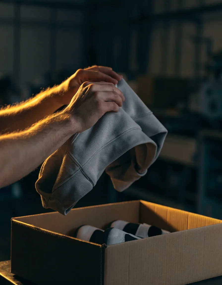 Commande en cours de préparation : sneakers génériques et sweat plié dans un carton ouvert sur un comptoir sombre