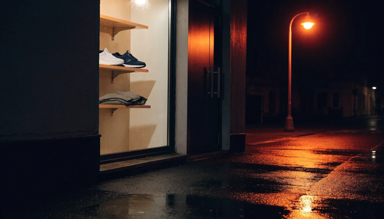 Devanture de nuit d'une boutique de sport, étagère murale de sneakers génériques sous un lampadaire orangé et asphalte mouillé
