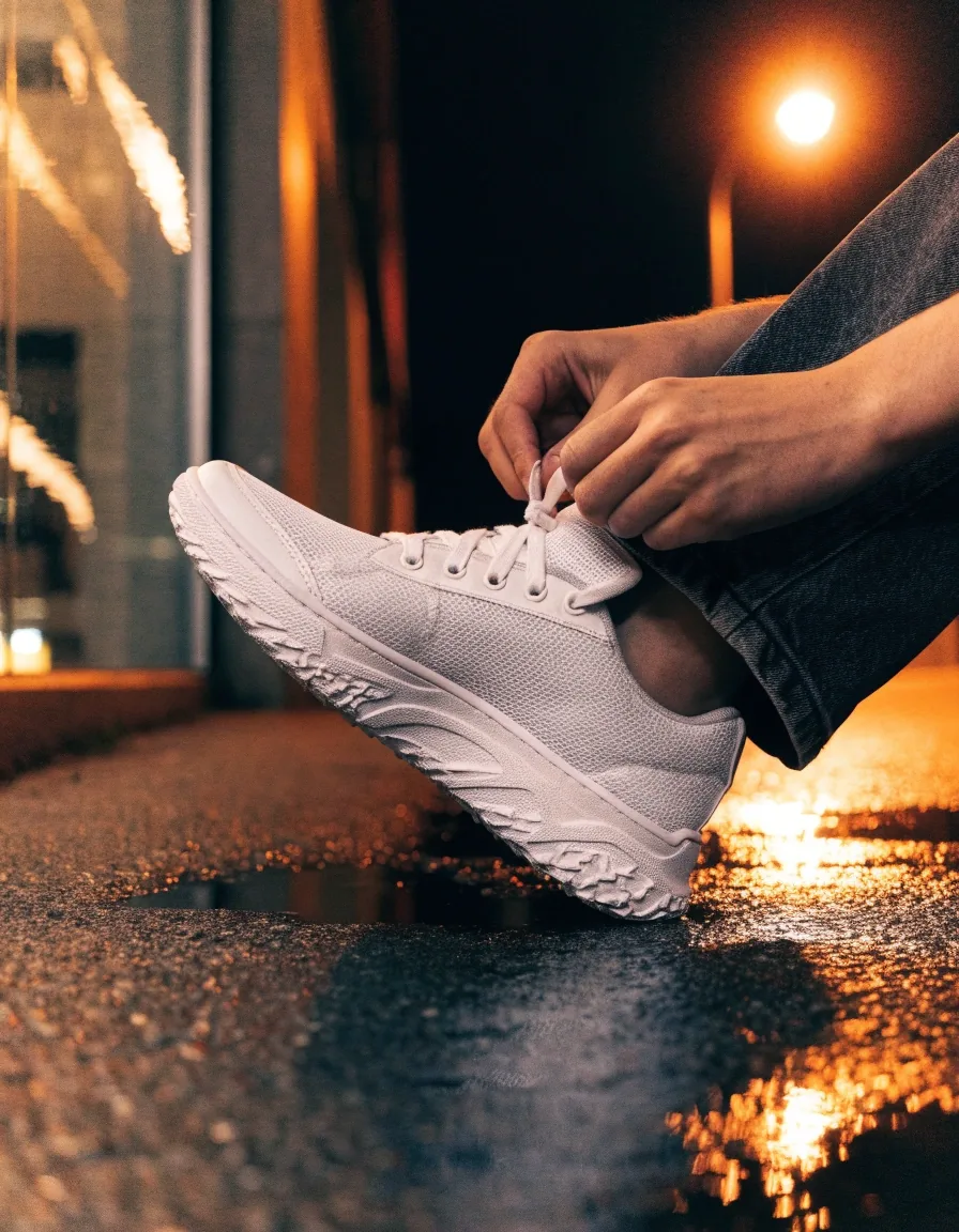 Mains lacets d'une sneaker générique sur un trottoir mouillé, lumière orangée de lampadaire