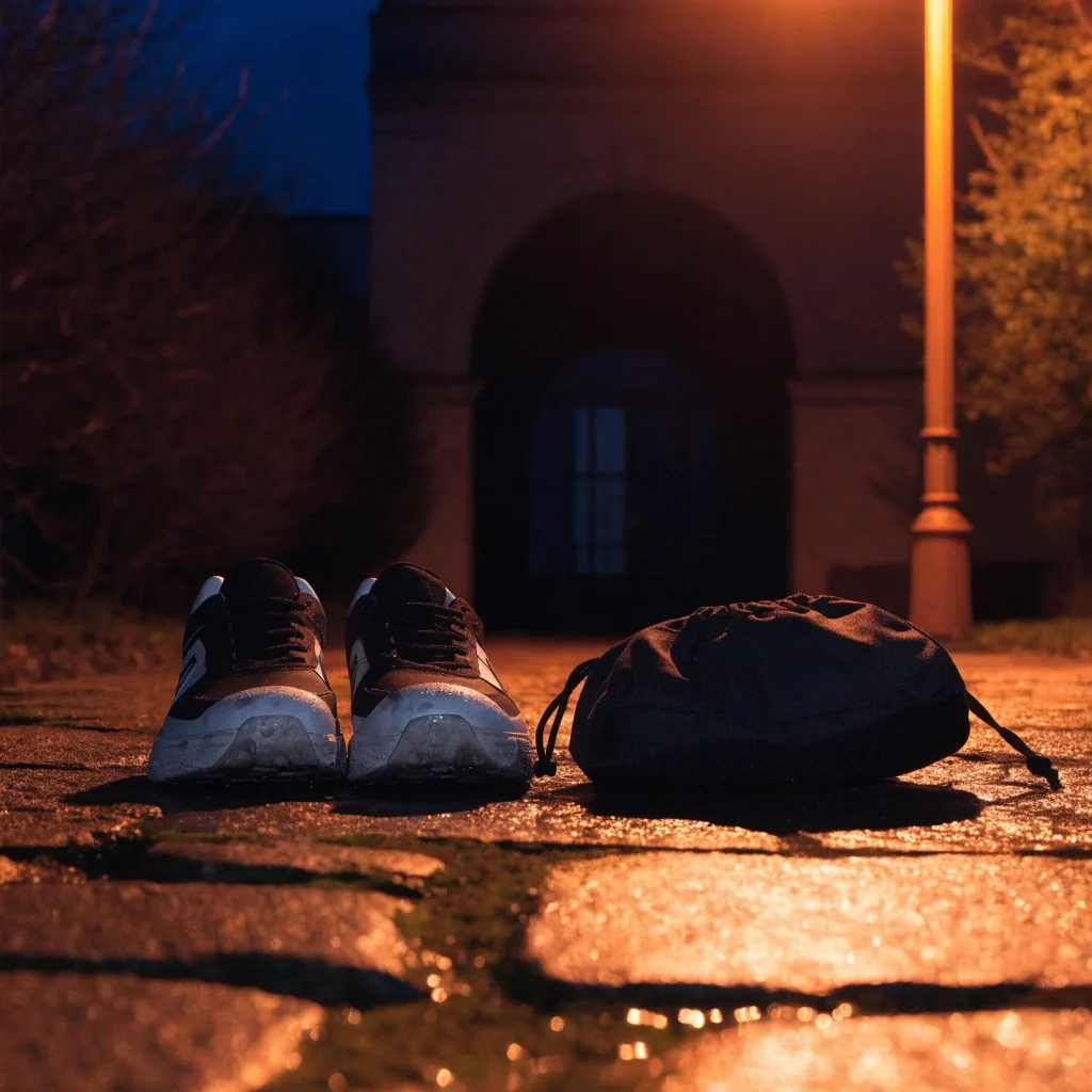 Sac de sport et chaussures pliées posés sur un pavé sombre mouillé devant une boutique la nuit