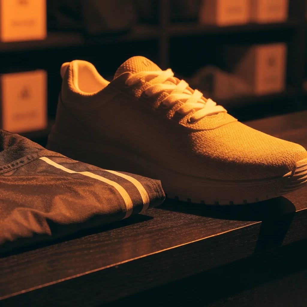 Sneaker générique et t-shirt plié sur un comptoir sombre, éclairage orangé latéral