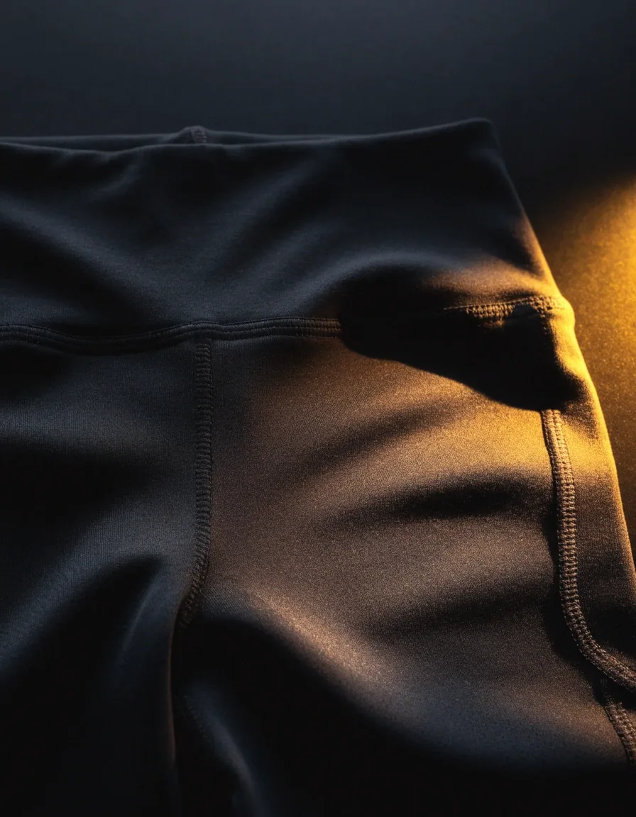 Gros plan sur la matière d’un legging de sport sous un éclairage rasant