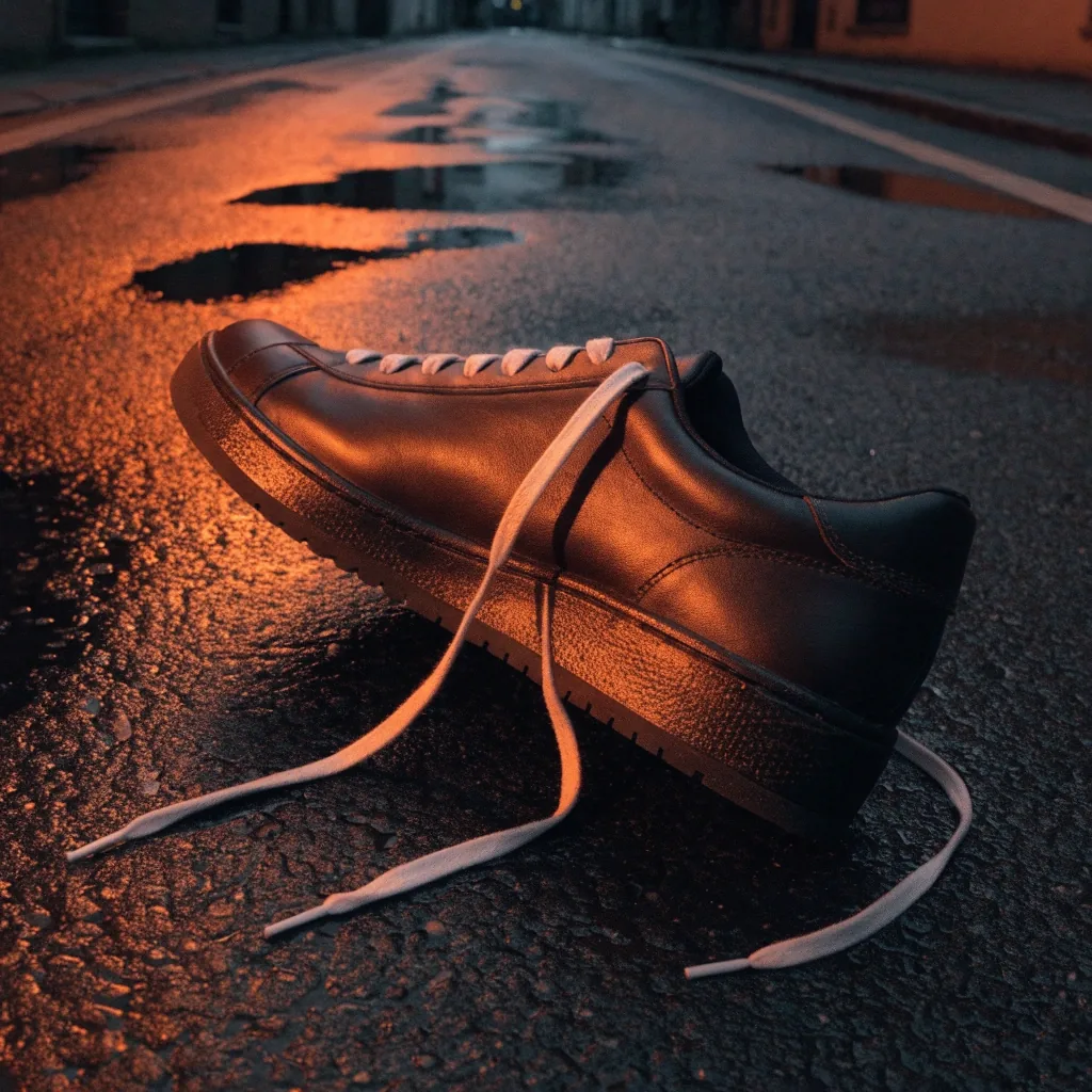 Pieds nus sur un sol sombre humide à côté d’une sneaker basse, vue plongeante légèrement inclinée