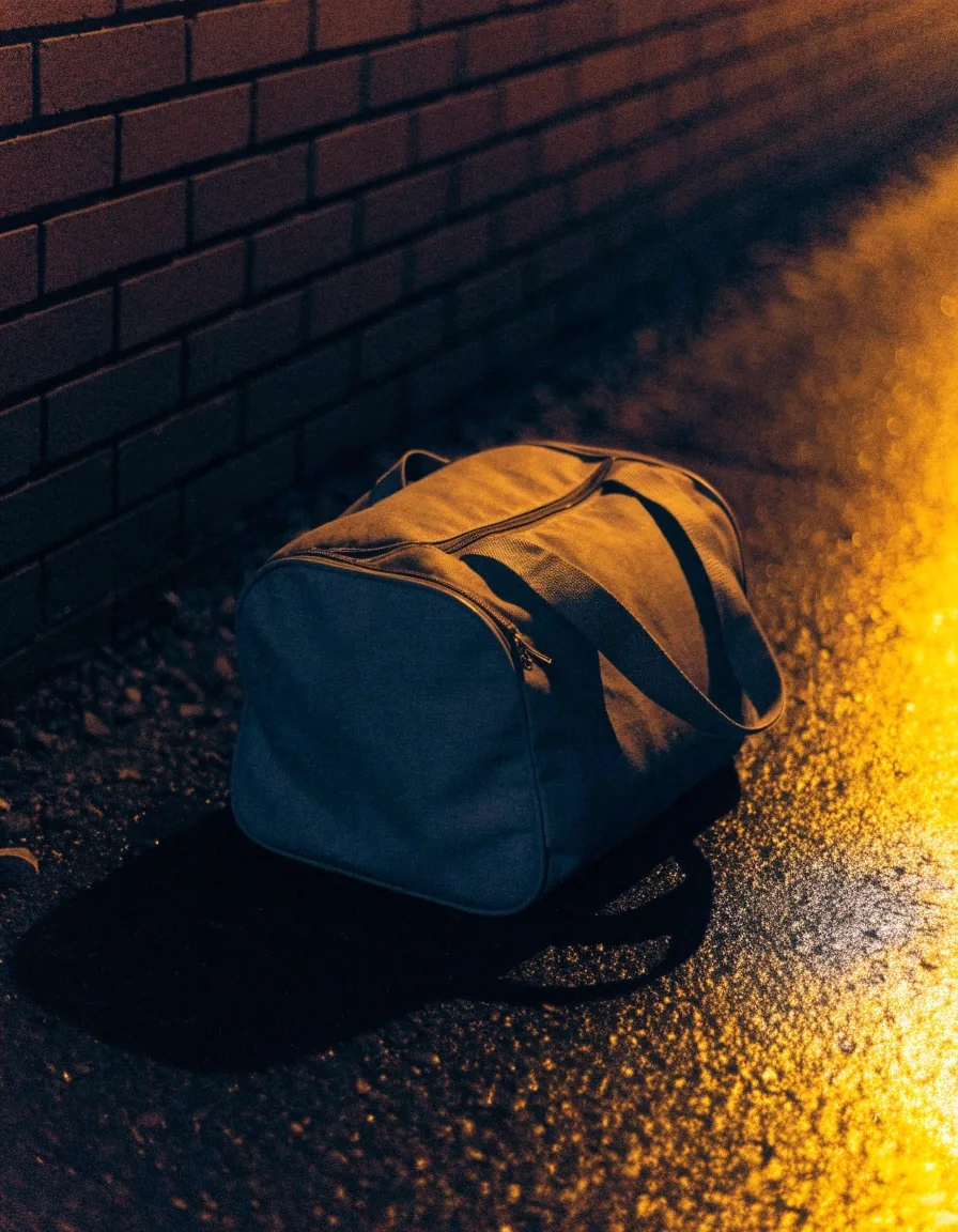 Sac de sport compact posé au sol contre un mur de briques la nuit