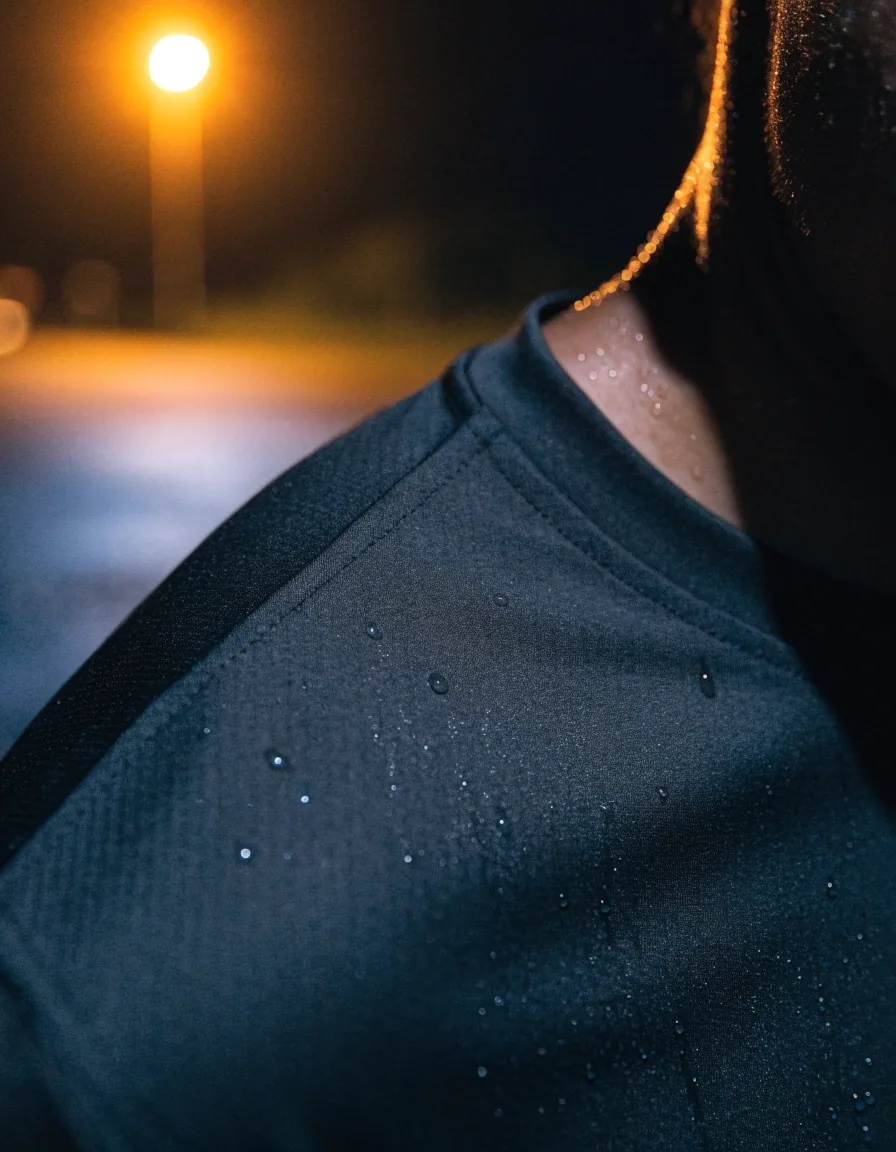 Coureur portant un t-shirt technique respirant la nuit sur asphalte mouillé
