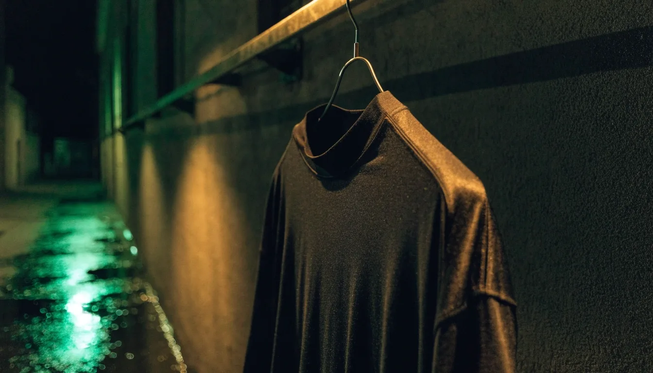 T-shirt technique suspendu sur un rail mural dans une ruelle humide la nuit