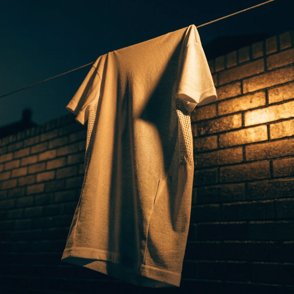 T-shirt technique respirant photographié à plat, lumière rasante de rue