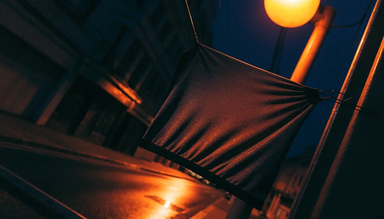 T-shirt technique respirant suspendu sur un rail mural, éclairage de rue la nuit