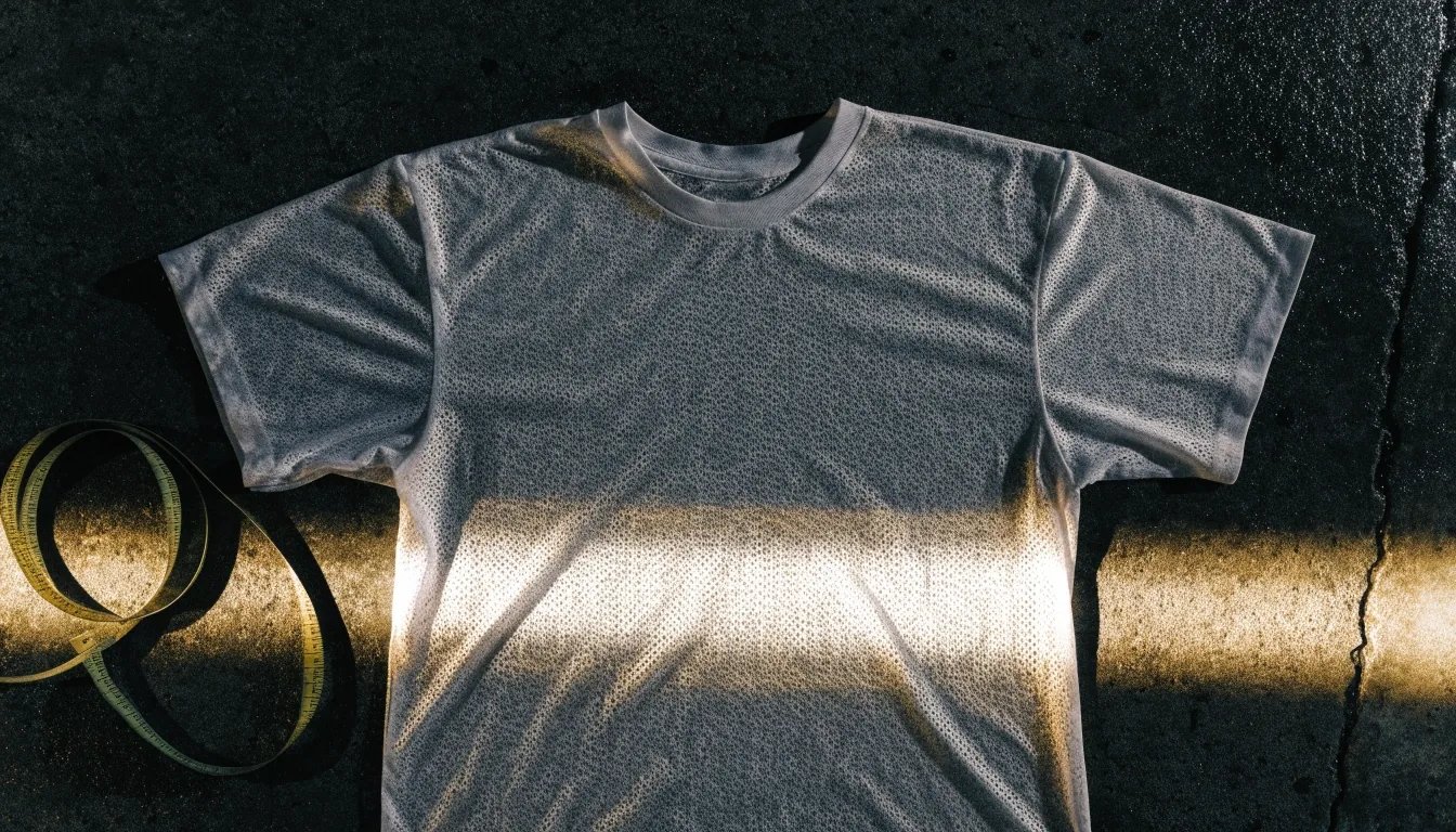 T-shirt technique à plat sur sol sombre mouillé avec mètre ruban, vue de dessus