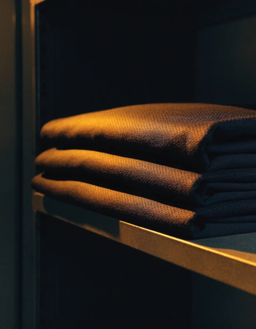 T-shirts techniques pliés et empilés sur une étagère murale