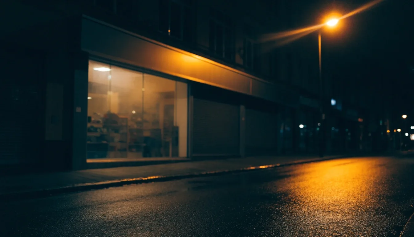 Devanture de boutique de sport fermée la nuit, lumière intérieure visible à travers la vitre
