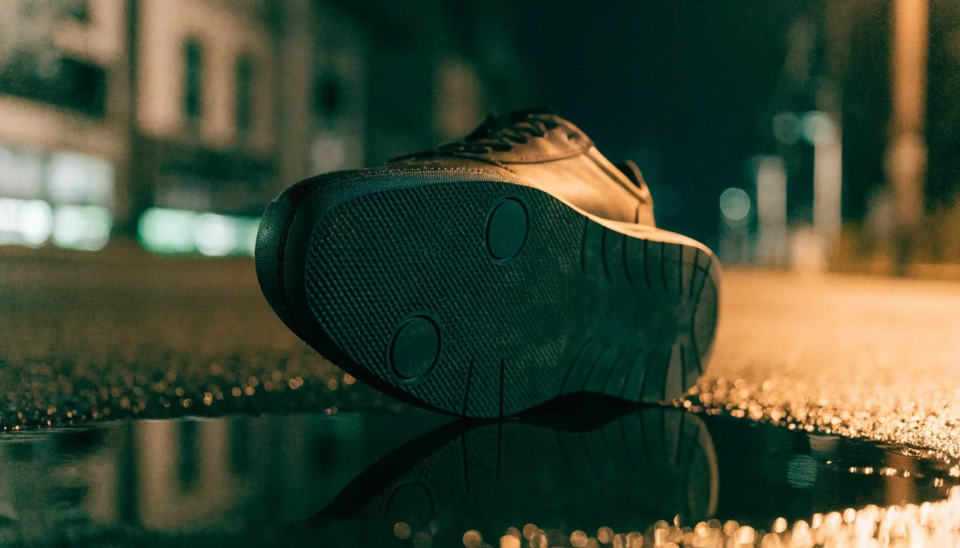 Rue mouillée la nuit, éclairage sodium au loin et reflet émeraude sur l'asphalte